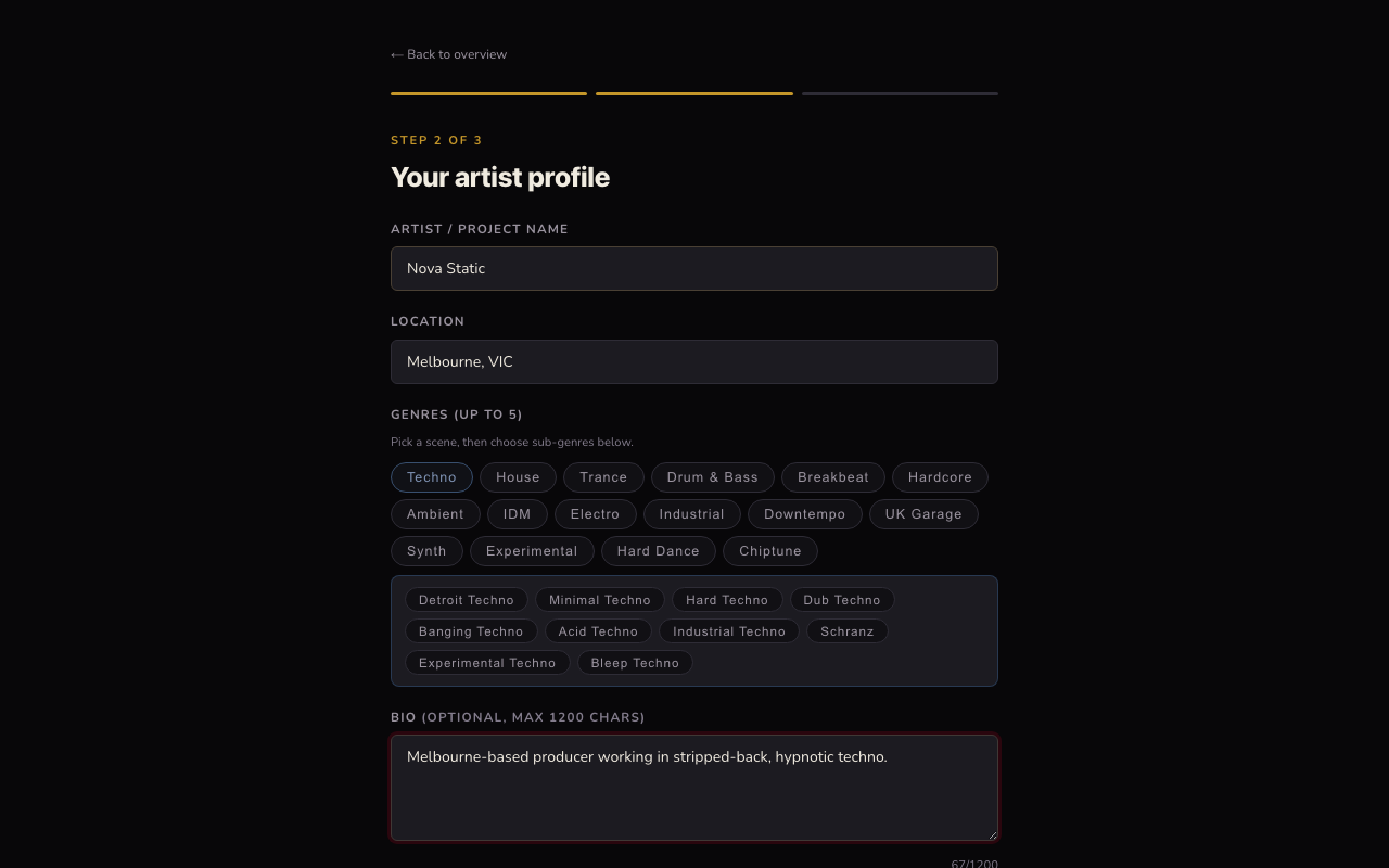 Fill in your artist profile